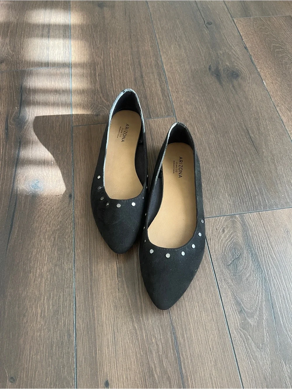 Arizona Jean Company Black Pointed-Toe Flats with Silver Stud Accents